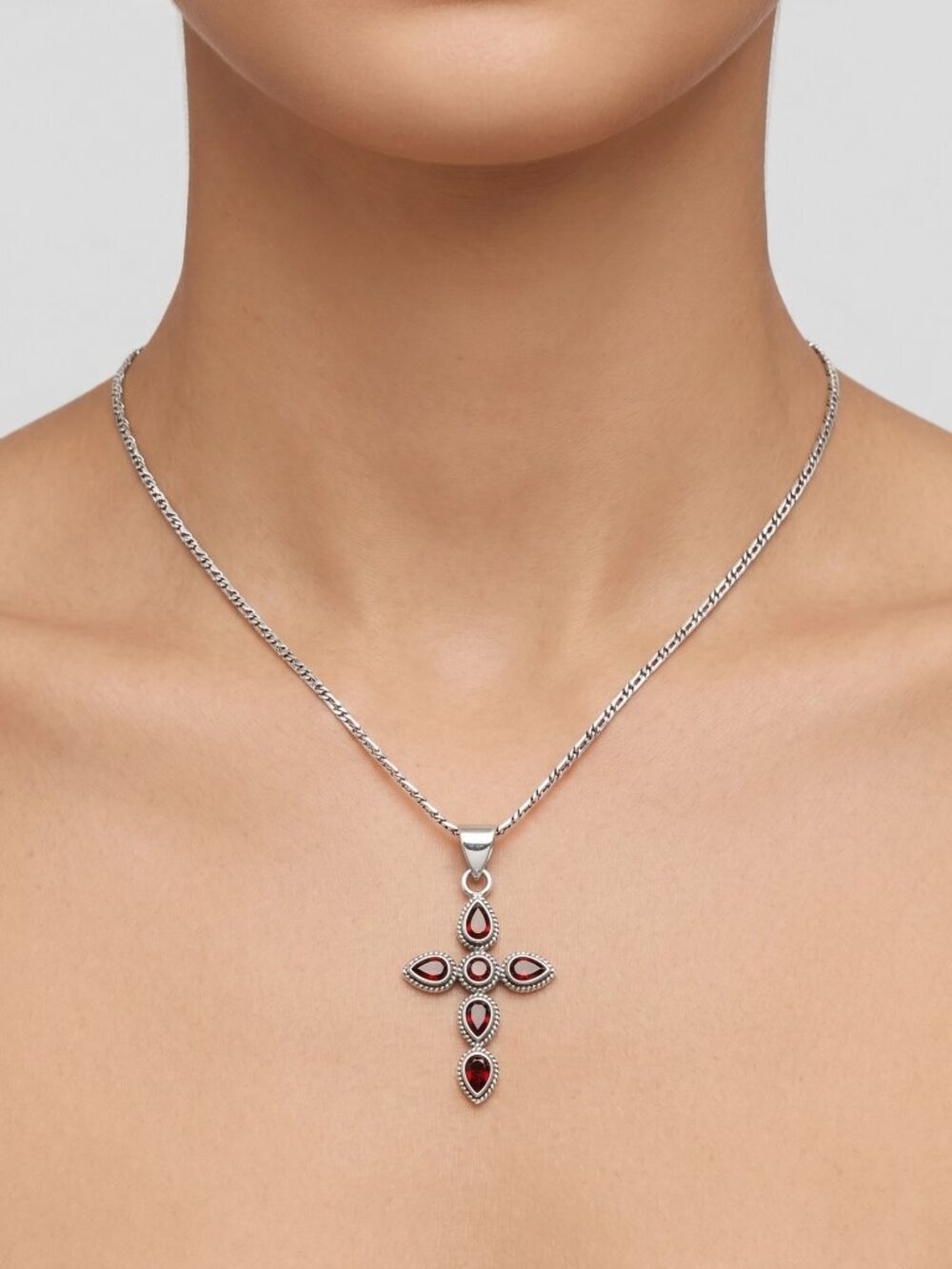 Sterling Silver Red Garnet Cross‎ pendant Chain
